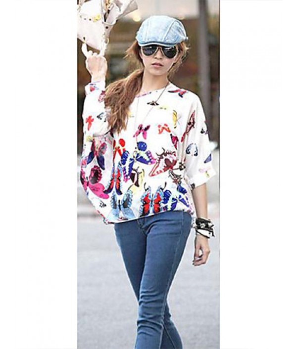 Women's Slack Neck Batwing Sleeve Printed Loose-Fitting Blouse