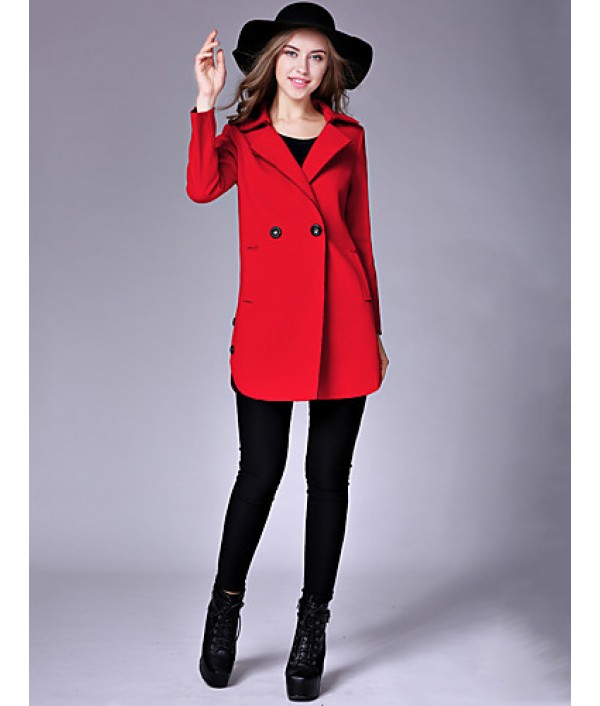 Women's Casual/Daily Street chic Pea CoatsSolid Notch Lapel Long Sleeve Winter Pink / Red / Yellow Wool / Cotton Medium