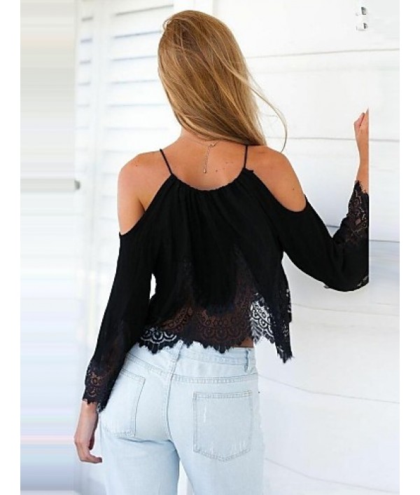 Women's Beach/Casual Lace Hem Long Sleeve Short T-shirt