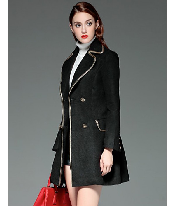  Women‘s Going out Vintage Coat,Solid Notch Lapel Long Sleeve Winter Black Wool Opaque