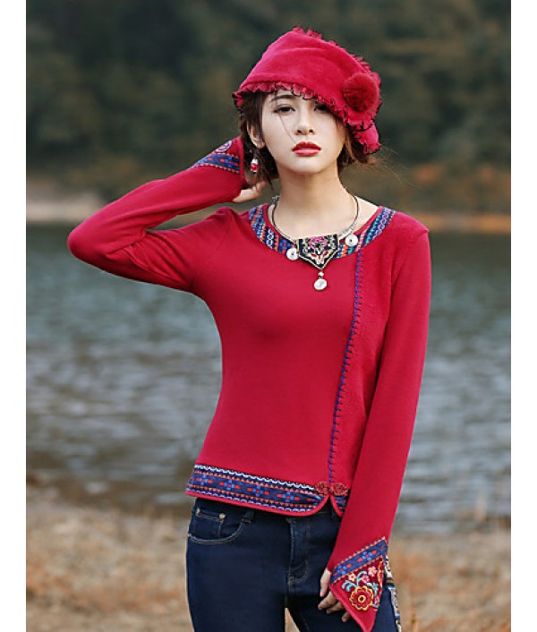 Our Story Going out Vintage Regular PulloverPaisley Red / Purple Round Neck Long Sleeve Cotton Spring