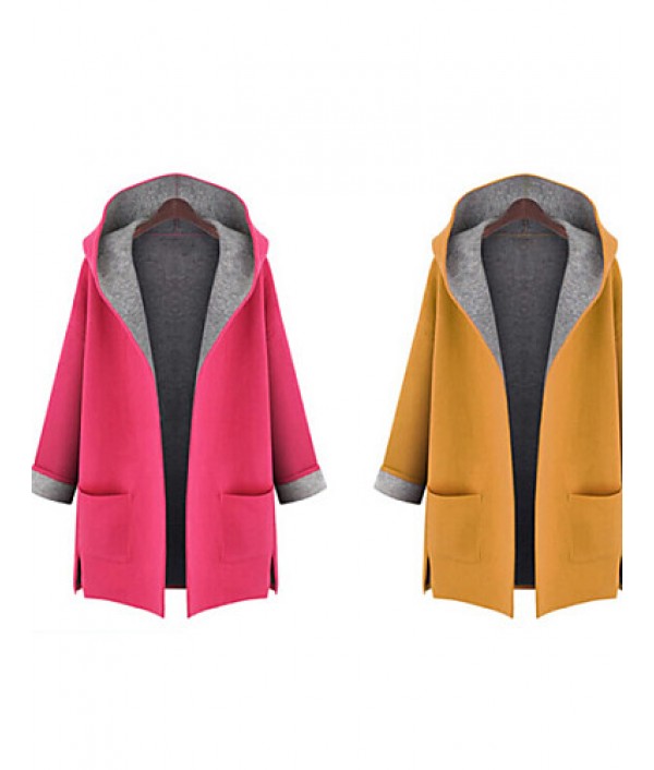 Women's Plus Size Trench Coat,Color Block Hooded Long Sleeve Fall Red / Yellow Wool / Others Medium