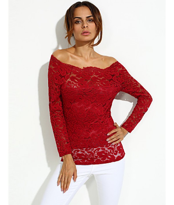 Women's Casual/Daily Simple Fall T-shirt,Solid Boat Neck Long Sleeve Red / White / Black Spandex Medium