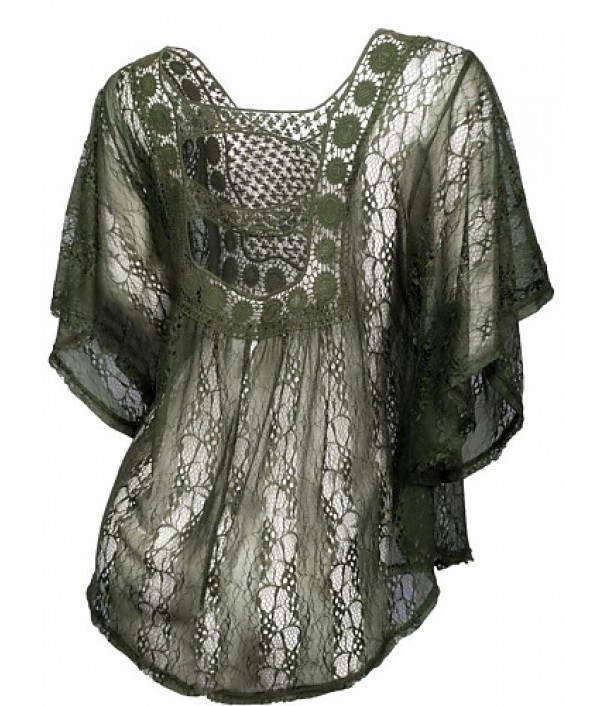 Plus Size Women's Lace Blue / Red / Brown / Green / Beige Blouse , Round Neck ? Length Sleeve