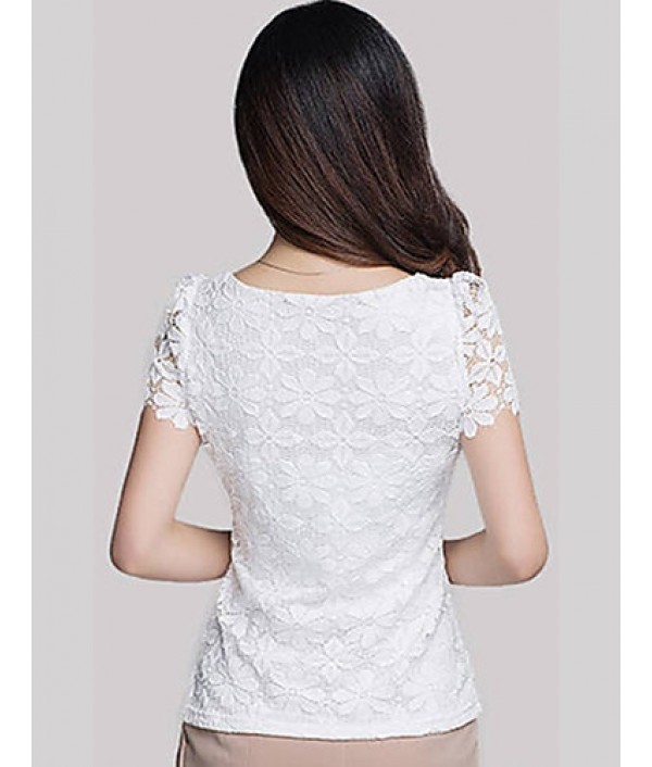 Summer Plus Size Women Solid Color Round Neck Short Sleeve Lace Blouse Slim Was Thin T-shirt Tops