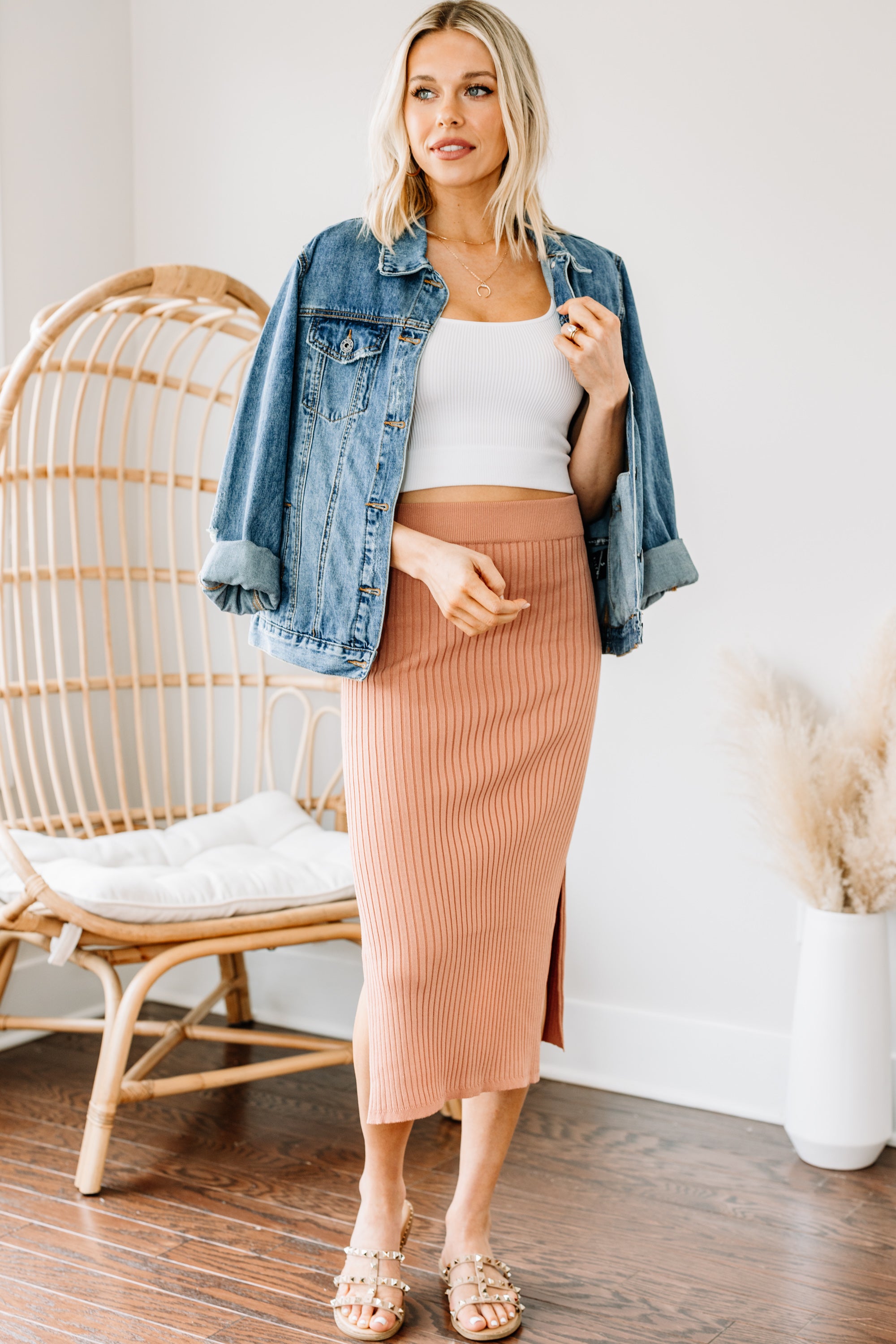 You Deserve It Clay Orange Ribbed Midi Skirt