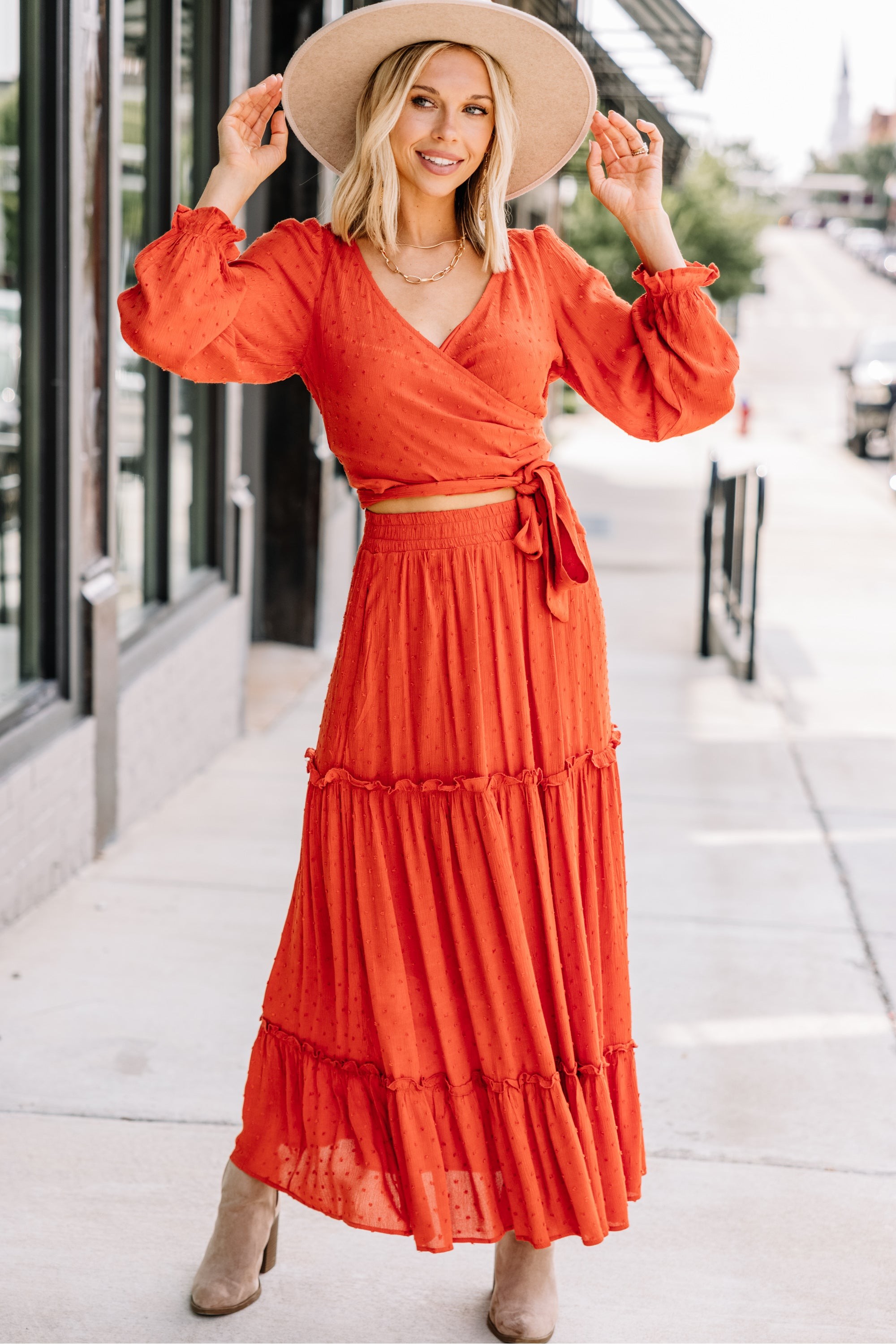 Love Collides Rust Orange Swiss Dot Maxi Skirt