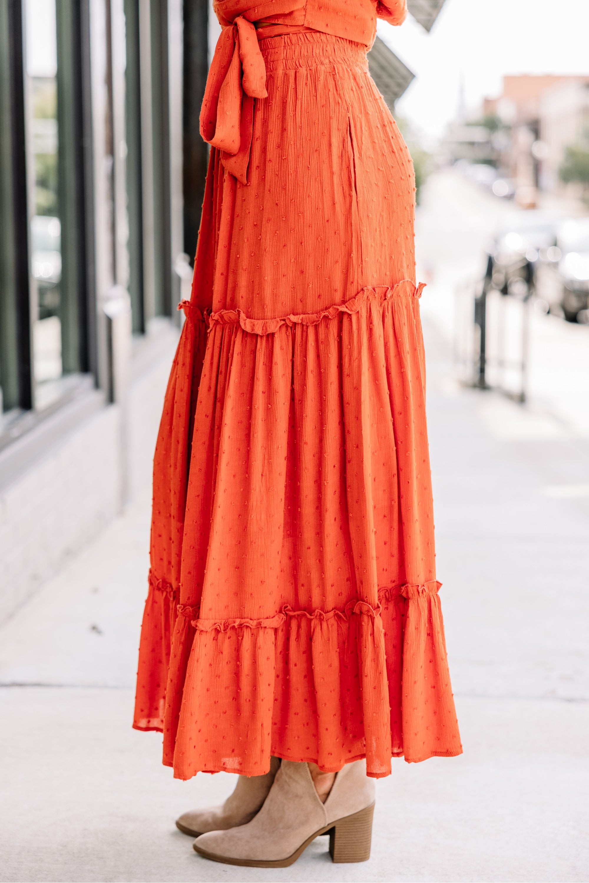 Love Collides Rust Orange Swiss Dot Maxi Skirt