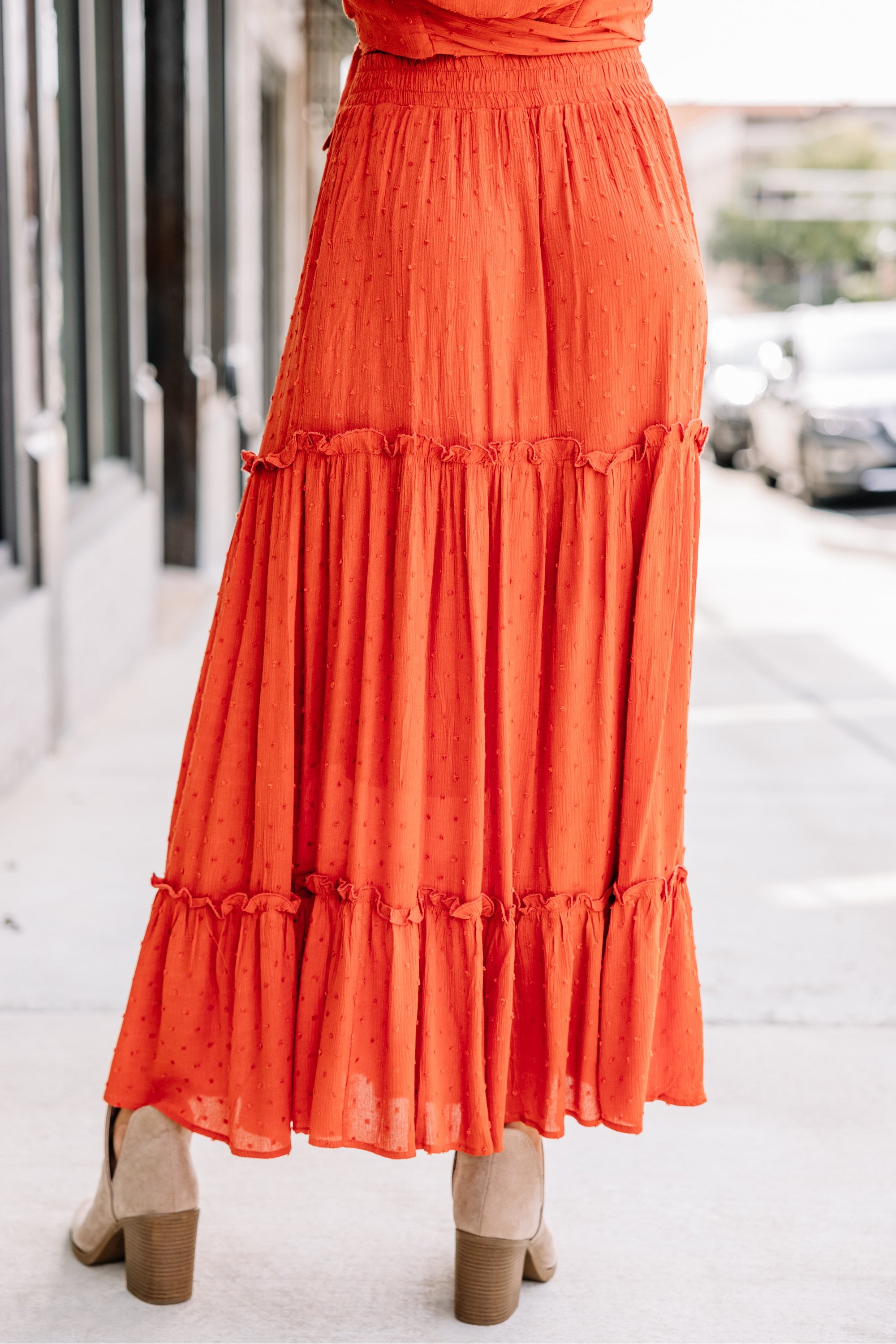 Love Collides Rust Orange Swiss Dot Maxi Skirt