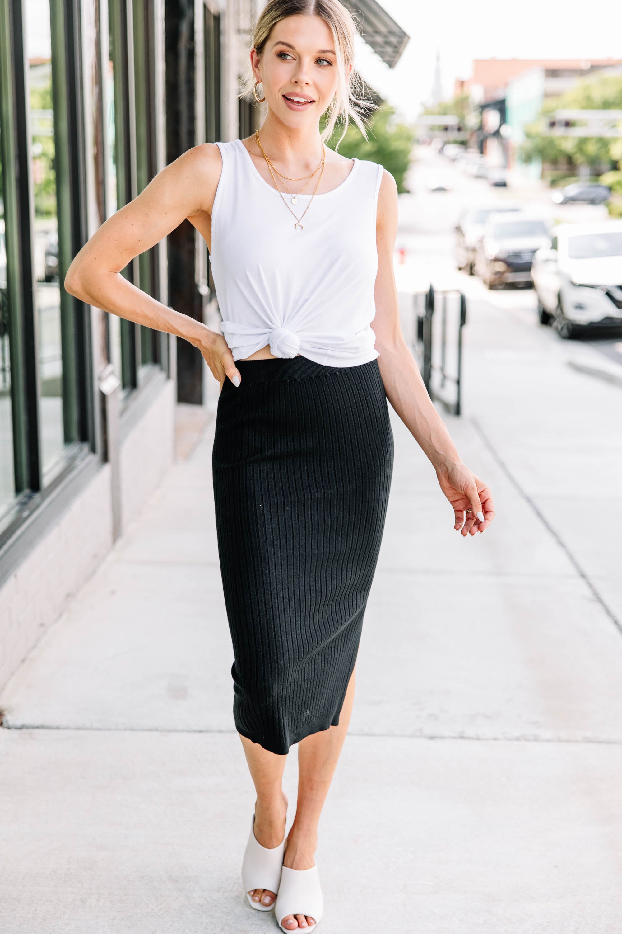 Think It Through Black Ribbed Midi Skirt