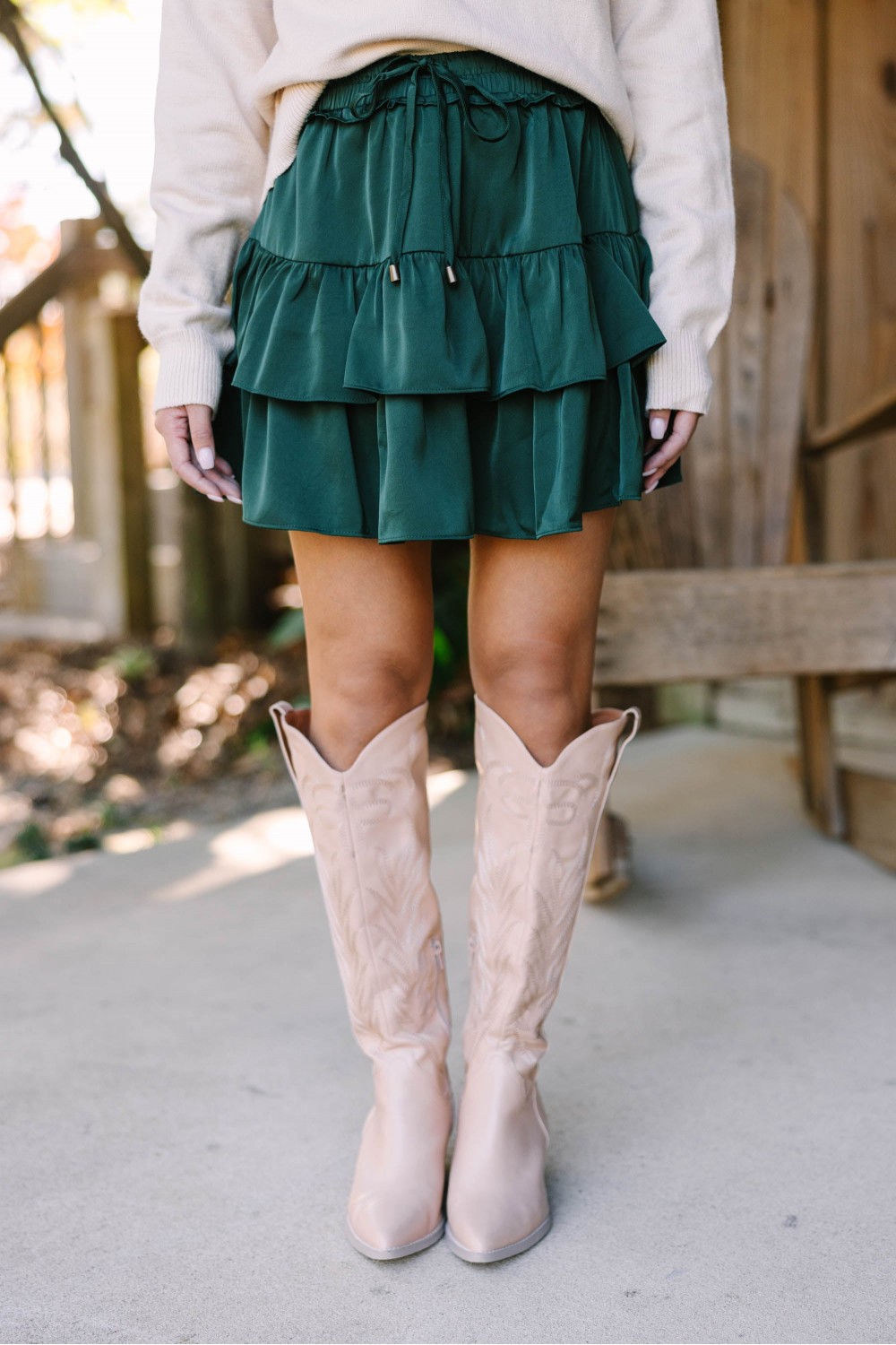 Take The Leap Hunter Green Satin Ruffled Skort