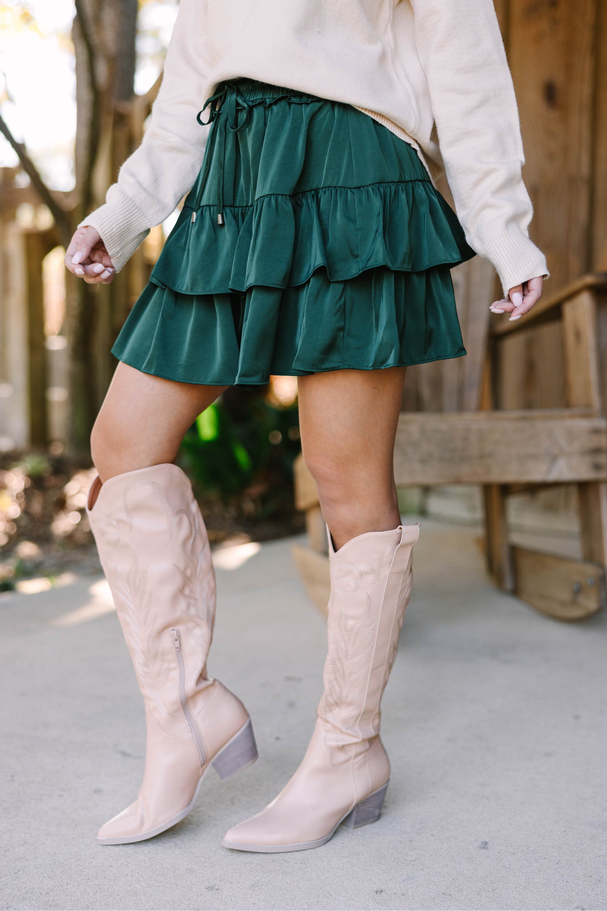 Take The Leap Hunter Green Satin Ruffled Skort