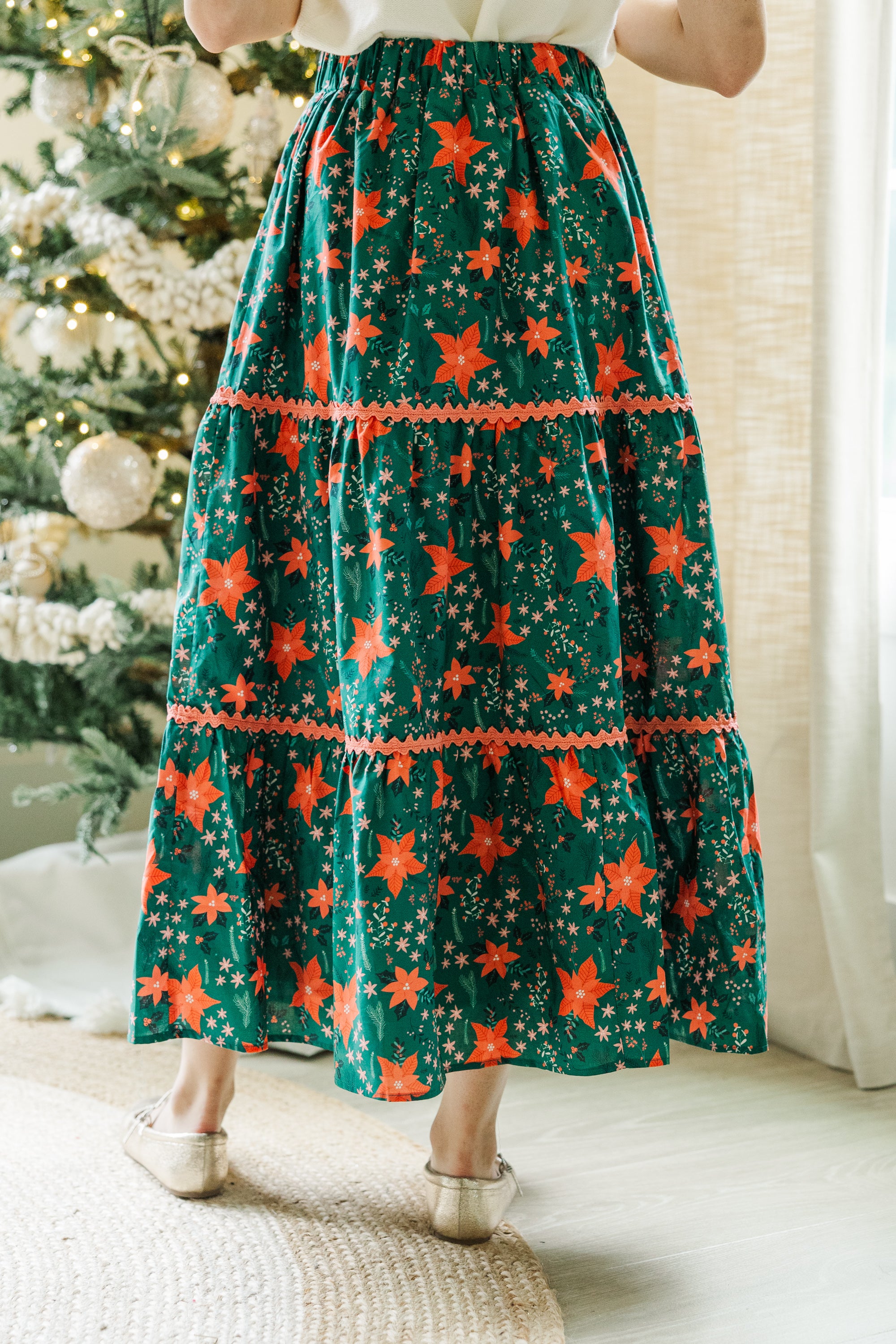Show Me The Way Emerald Floral Midi Skirt