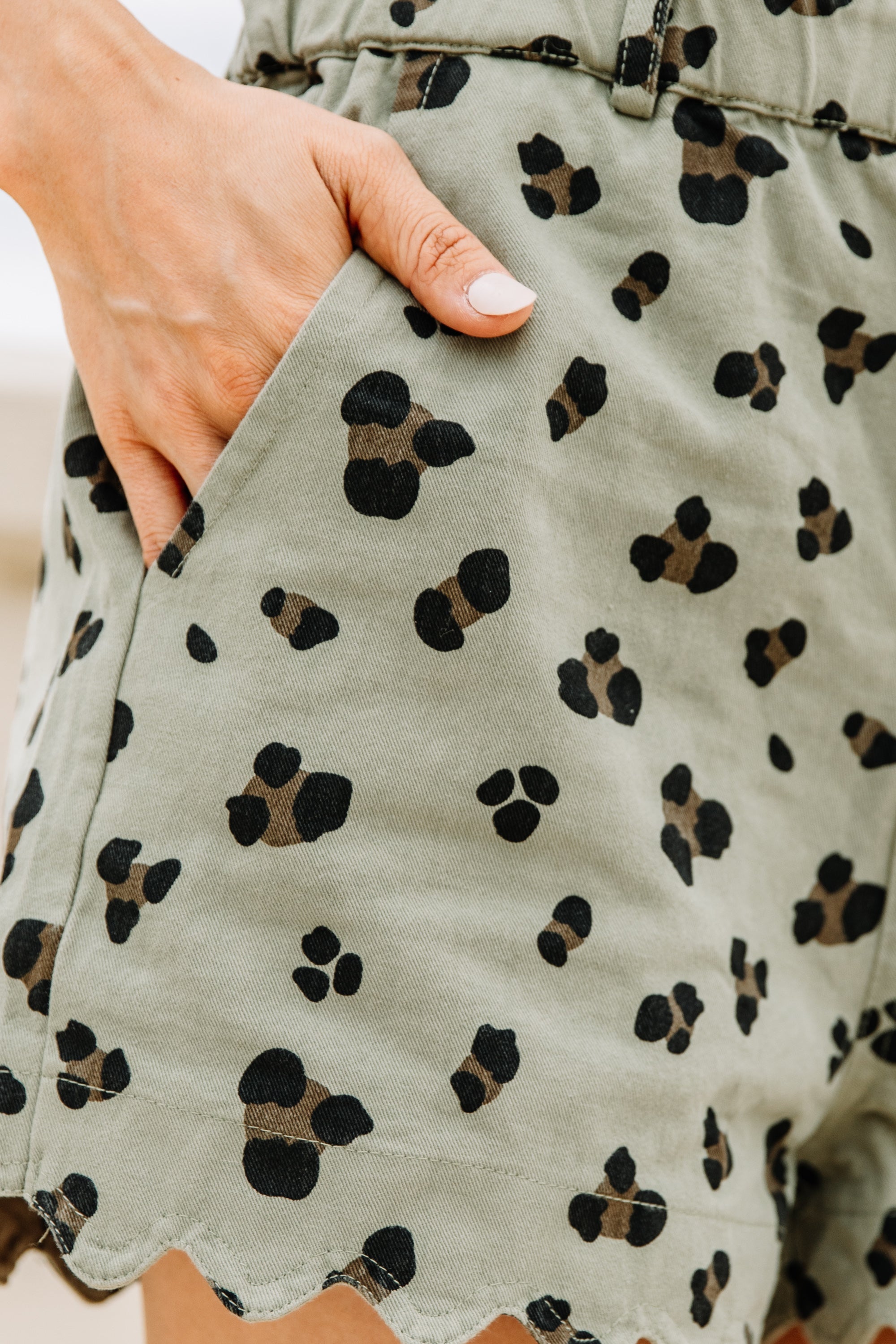 Here to Relax Olive Leopard Print Denim Scalloped Shorts