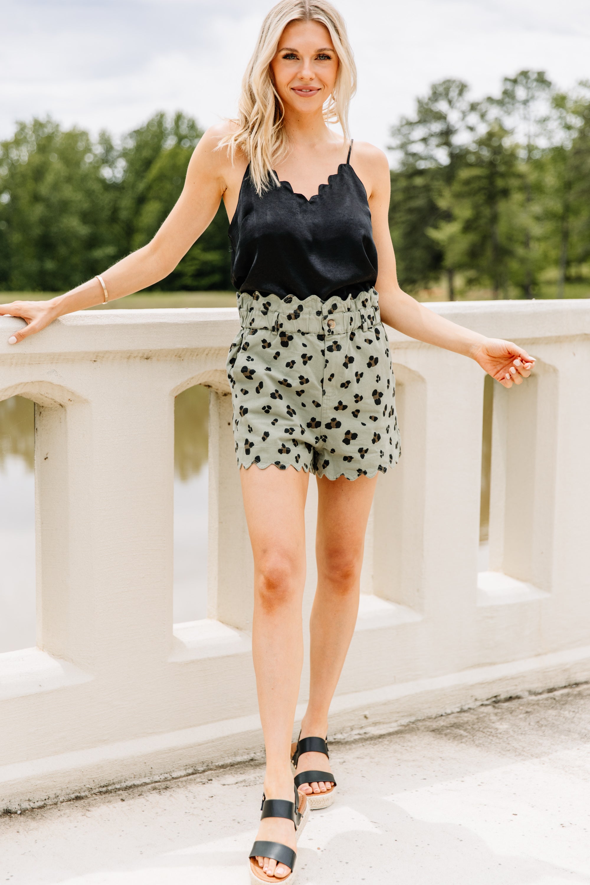 Here to Relax Olive Leopard Print Denim Scalloped Shorts