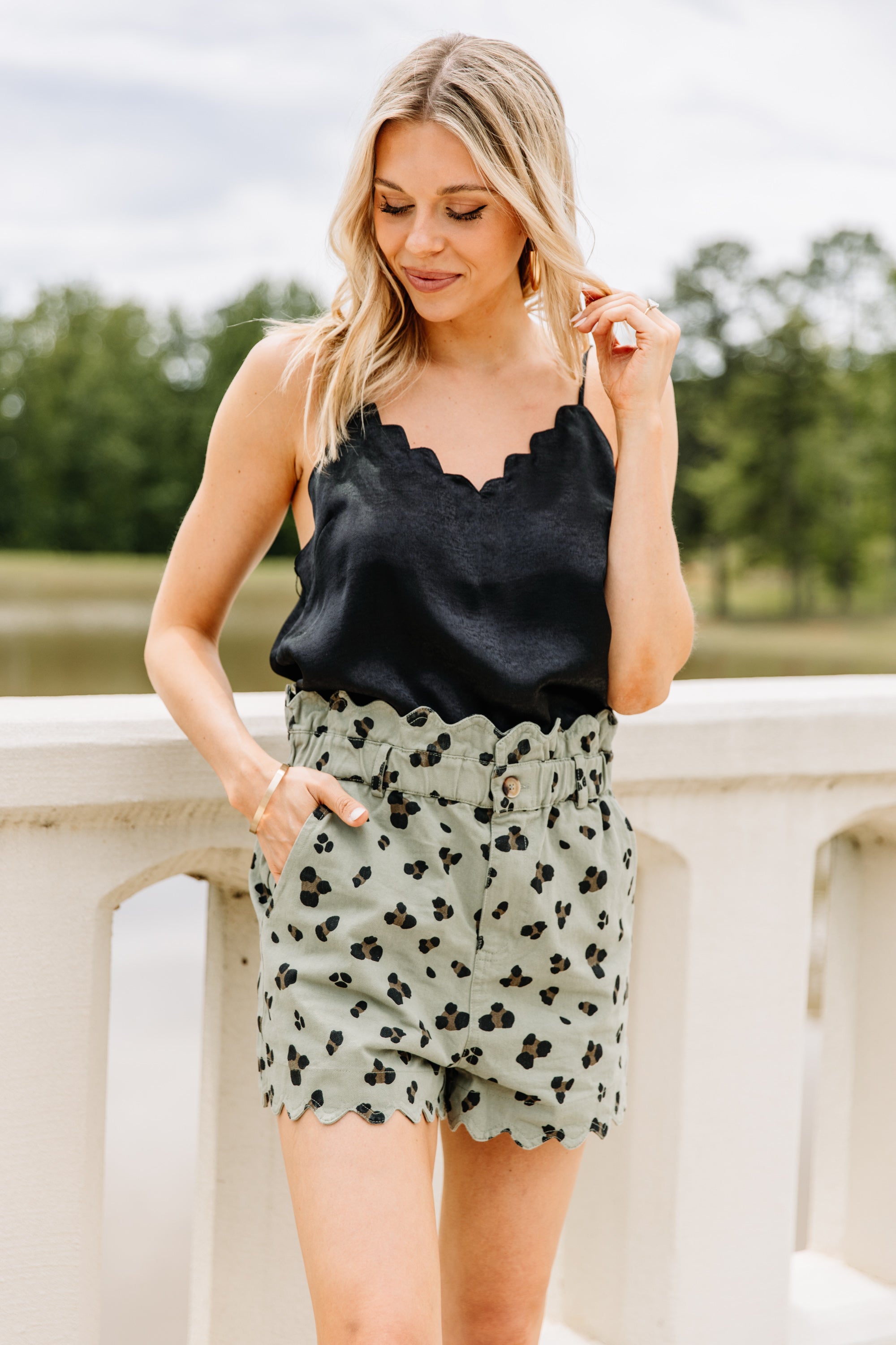 Here to Relax Olive Leopard Print Denim Scalloped Shorts