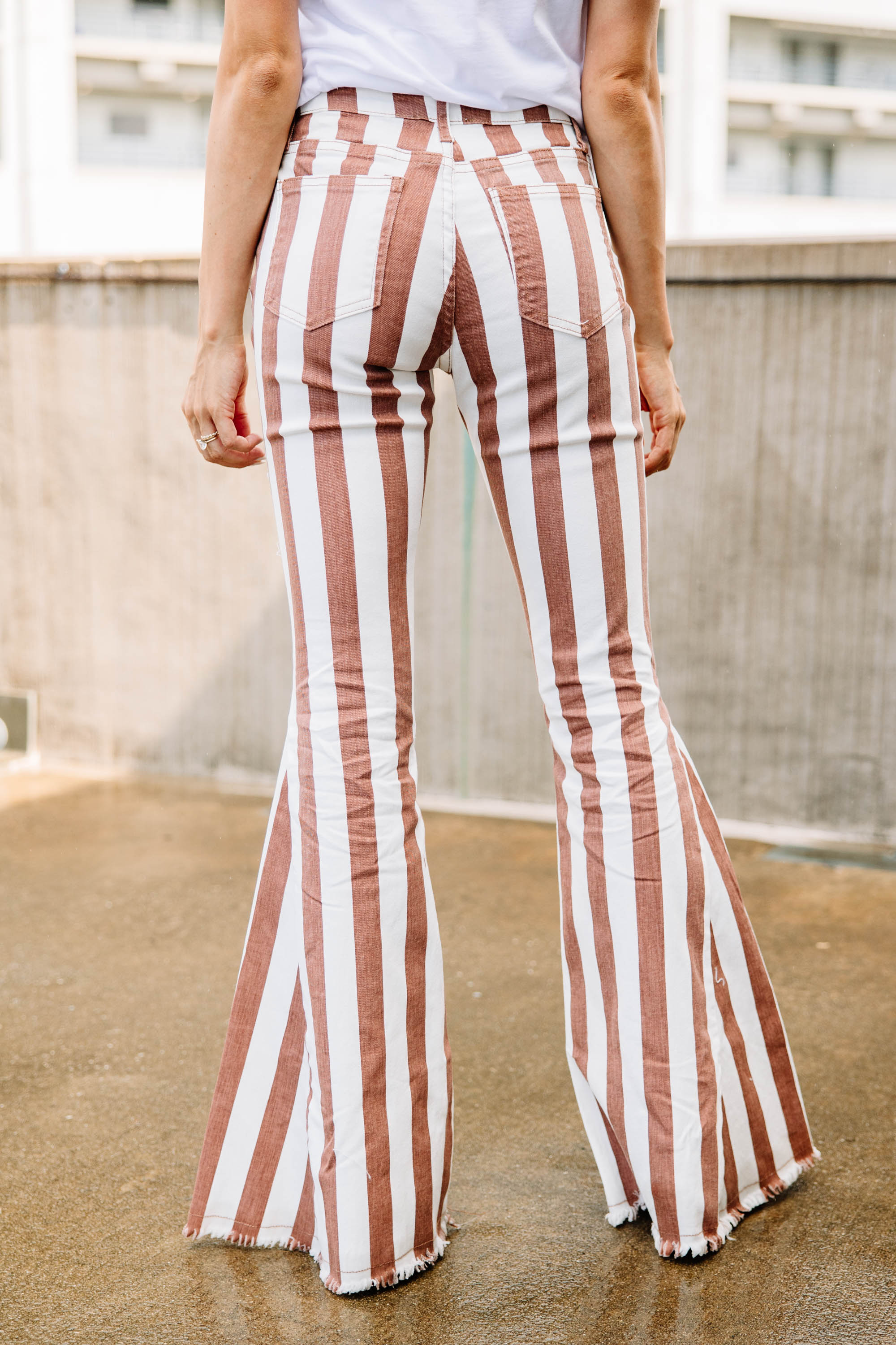 Until Next Time Rust Orange Striped flare Jeans