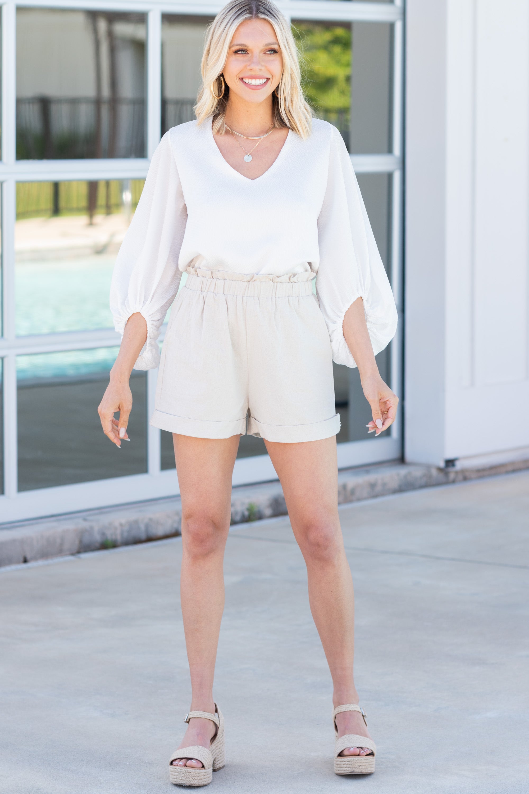 Tell Me More Oatmeal White Linen Shorts